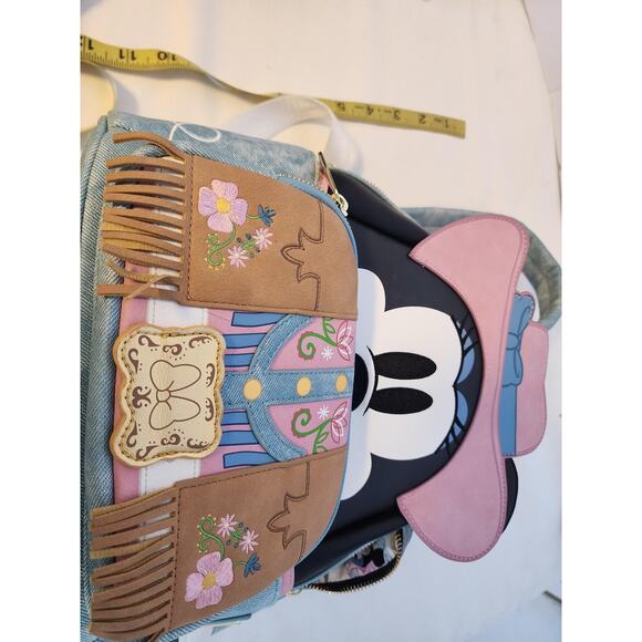 Disney Loungefly Minnie Mouse Cowgirl Backpack Denim Fringe Pink Western